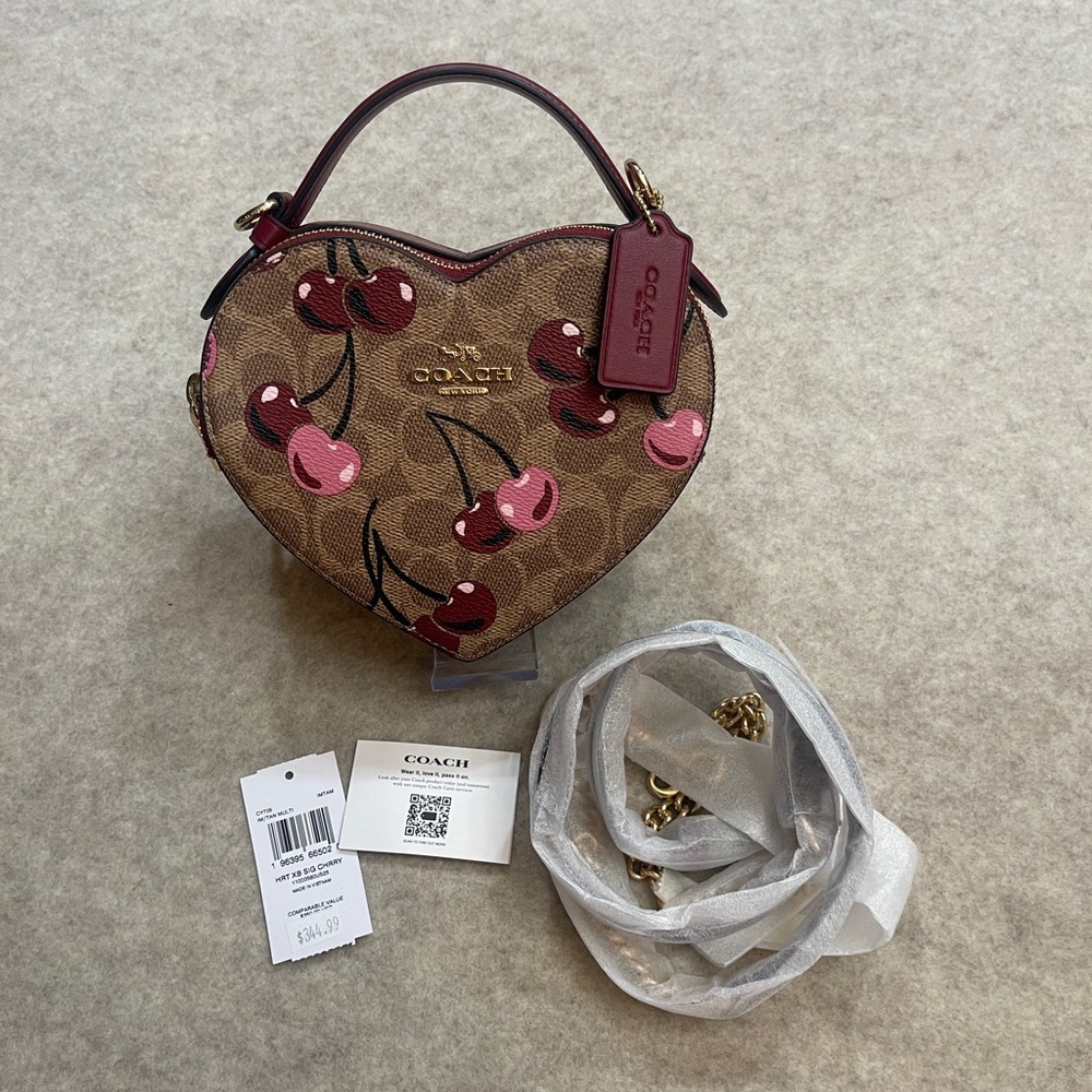 Coach Heart Cherry Signature Canvas Tan Marrón Double Zip Crossbody Purse - Picture 9 of 16